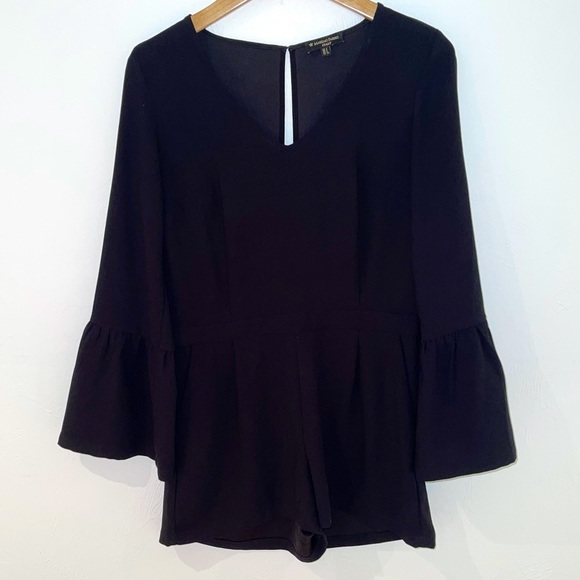 Long, bell sleeve business casual romper, black - Picture 1 of 6